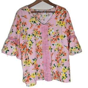 Isaac Mizrahi Live! Womens Large Pink Floral Bell‎ Sleeve Lace Trim Boho Top